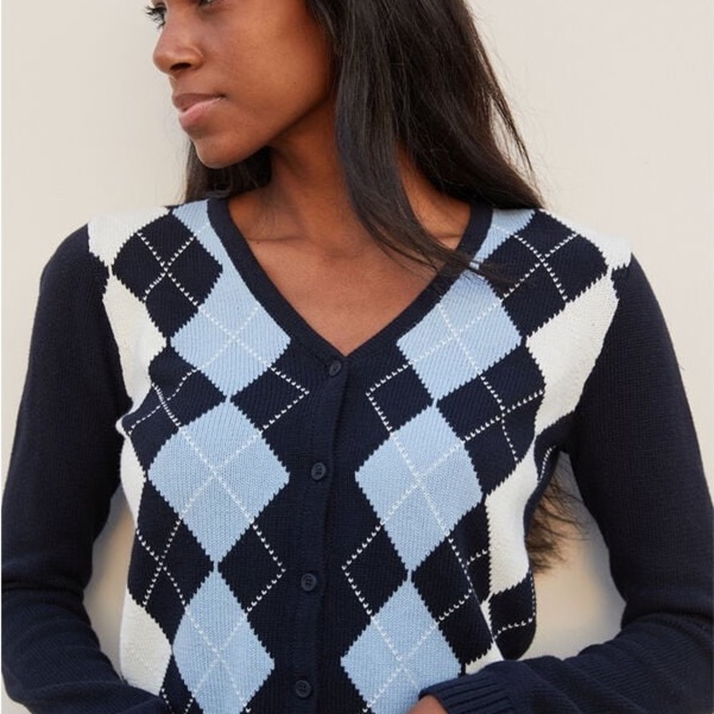 Brandy Melville Navy and Light Blue Argyle Cardigan